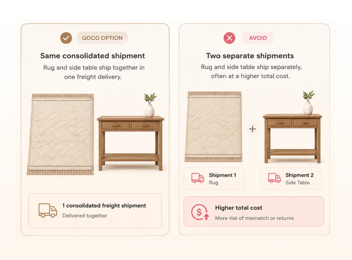 Two options compared, a rug and side table shipping together in one consolidated freight delivery, against the same pair shipping separately at a higher total cost