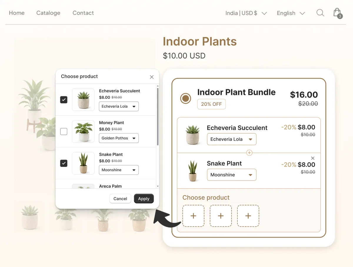 Indoor plant page with a Choose product picker building an Indoor Plant Bundle at 20% off, two plants chosen and three slots left open