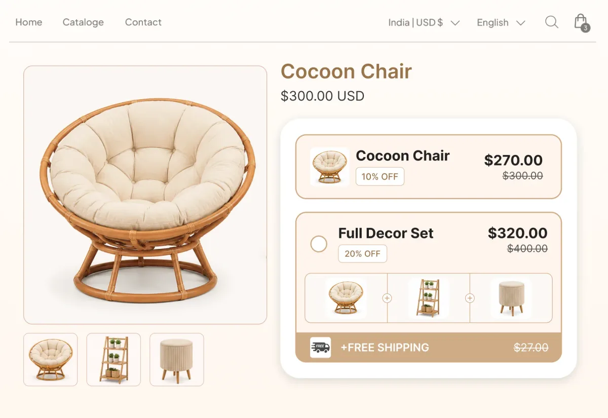 Cocoon chair page offering the chair at 10% off or a Full Decor Set of chair, shelf and stool at 20% off with free shipping attached