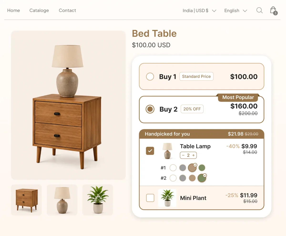 Bed table page with buy one and buy two tiers and a Handpicked for you panel adding a table lamp and a mini plant at a discount