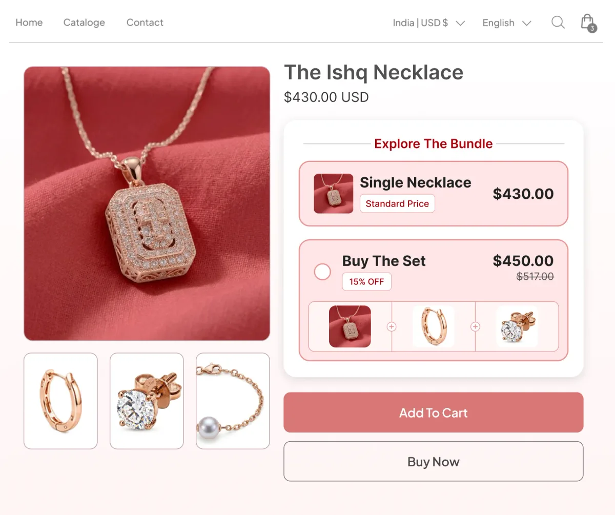 Rose gold necklace page offering the necklace alone at $430 or Buy The Set at $450, adding a matching hoop and stud in the same finish