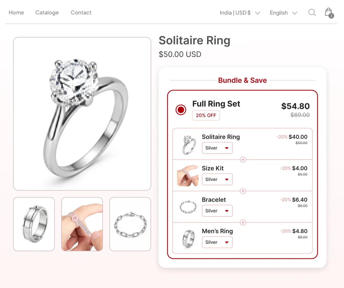 Solitaire ring page with a Full Ring Set bundling the ring, a size kit, a bracelet and a men's ring, every item set to the same silver finish