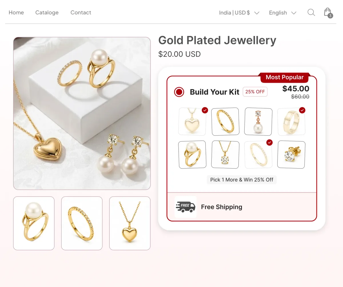 Gold plated jewellery page with a Build Your Kit panel where three of eight pieces are chosen at 25% off, with free shipping attached
