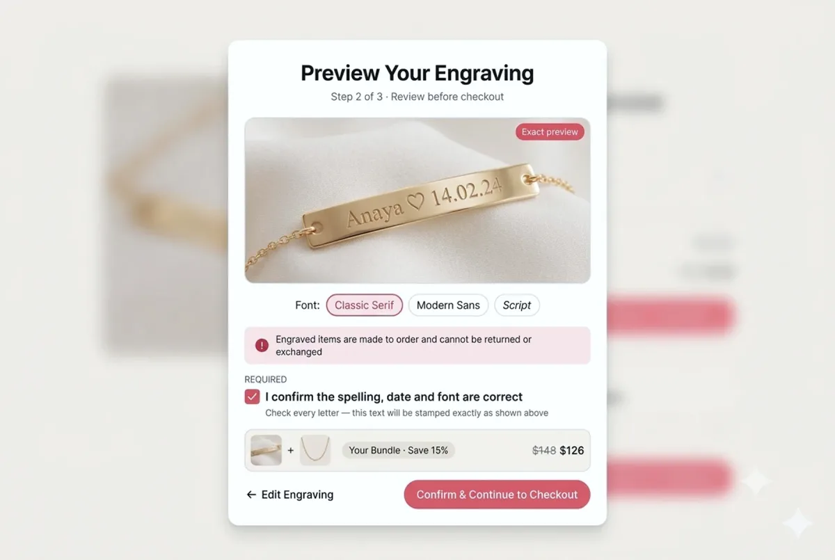Engraving preview screen showing the exact text and font that will be stamped, with a required confirmation step before checkout and the bundle price beneath