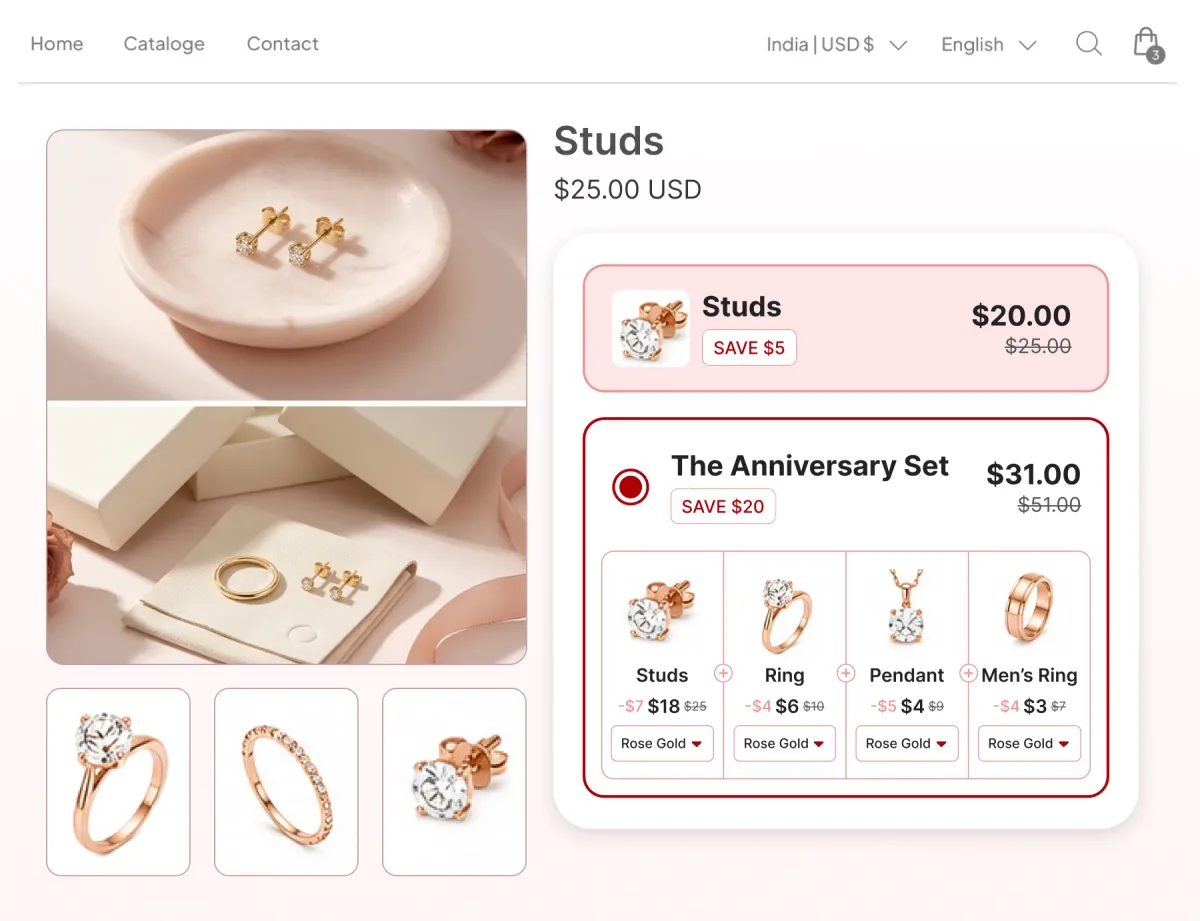 Stud earrings page offering the studs alone or The Anniversary Set of studs, ring, pendant and men's ring in rose gold, saving $20