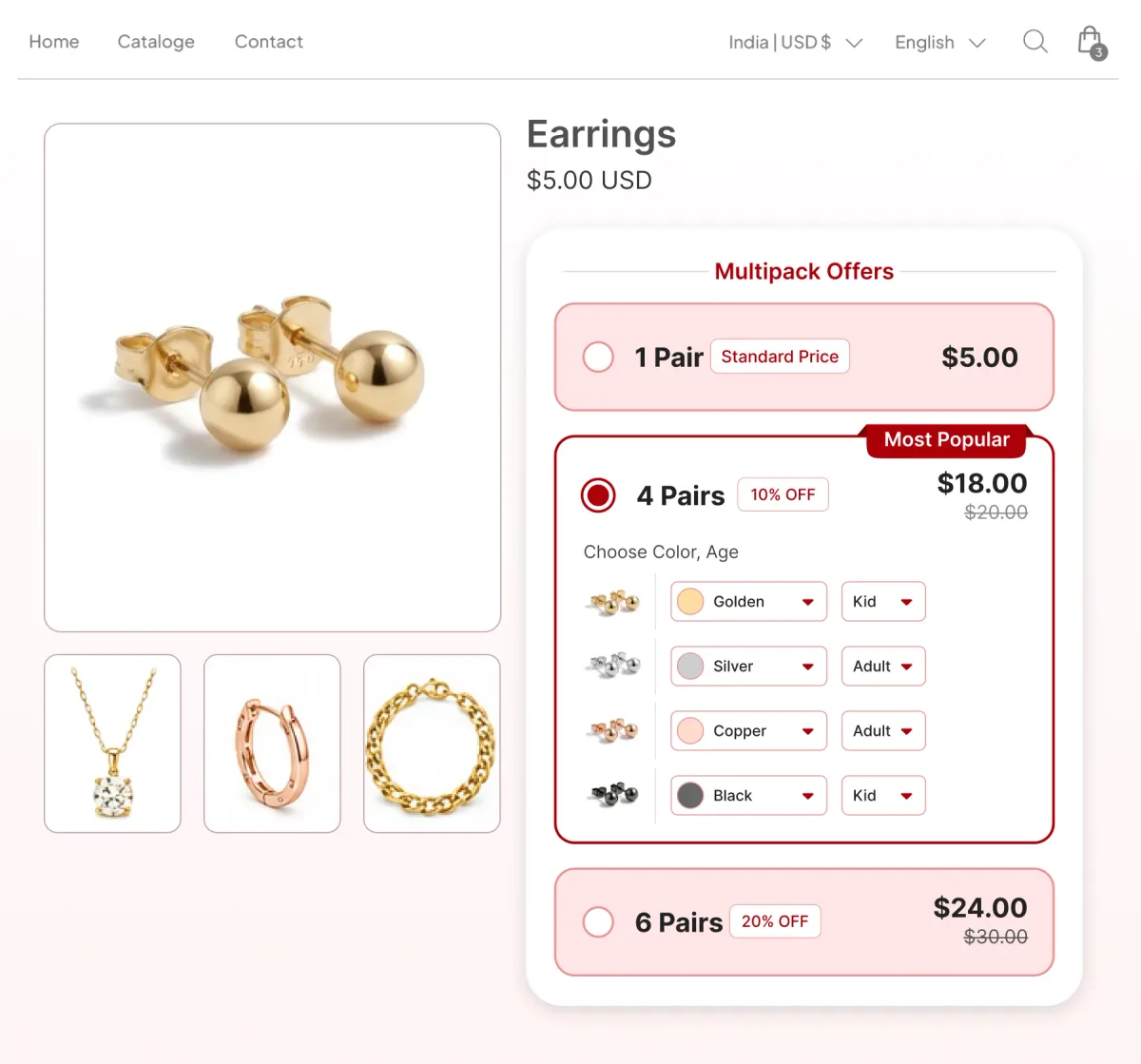 Earrings page with multipack tiers at one, four and six pairs, the four-pair tier letting the shopper pick a colour and size for each pair