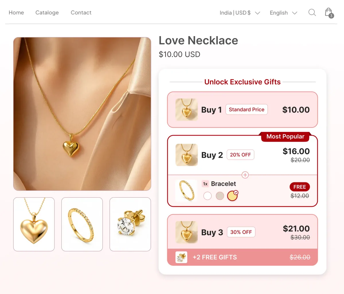 Love necklace page where buying two takes 20% off and adds a bracelet free, and buying three takes 30% off with two free gifts