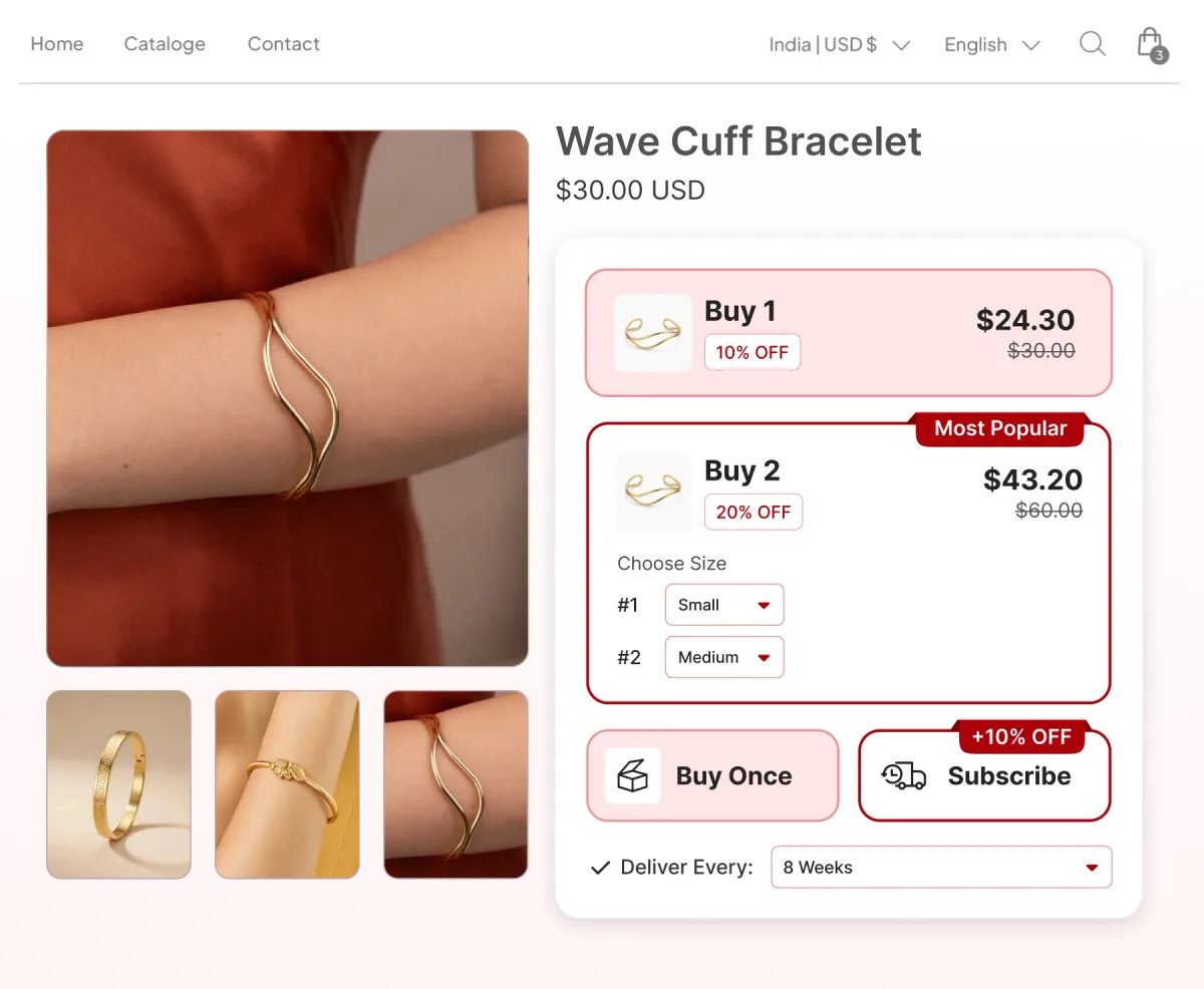 Cuff bracelet page with buy one and buy two tiers, two sizes chosen, and a Buy Once or Subscribe toggle on an eight-week cadence