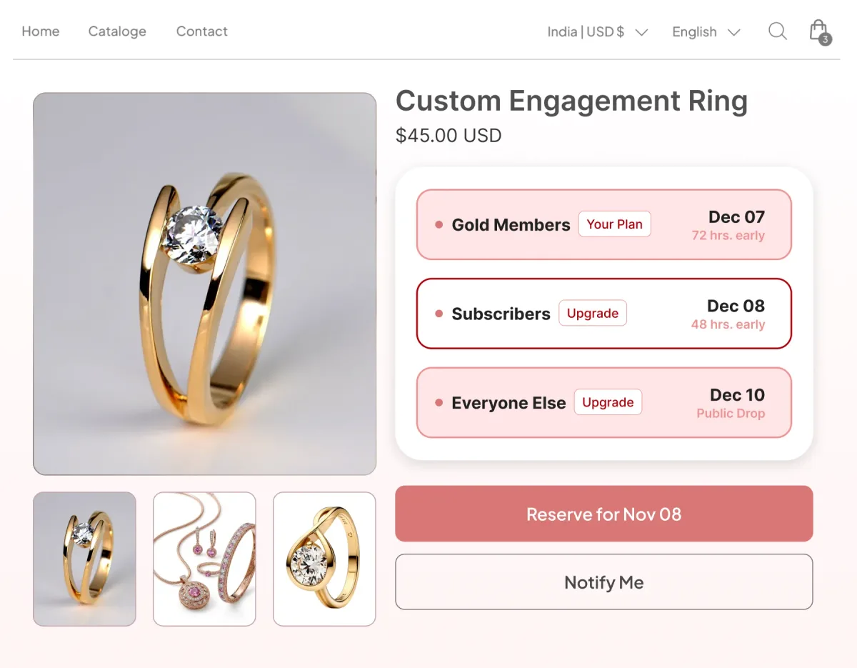 Custom engagement ring page opening the drop to Gold members 72 hours early, subscribers 48 hours early and everyone else on the public date, with no discount attached