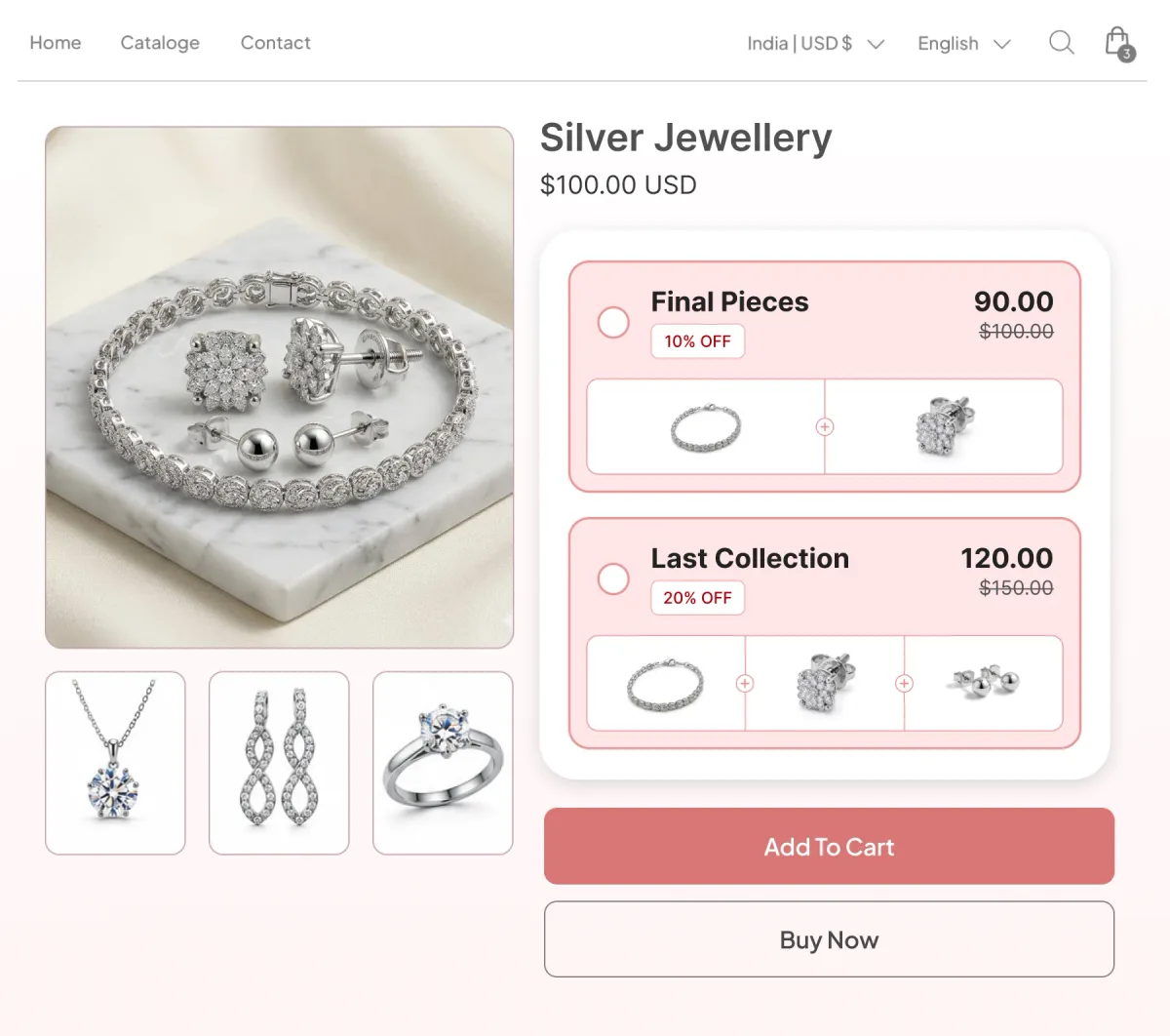 Silver jewellery page offering a Final Pieces pair at 10% off or a Last Collection set of three at 20% off
