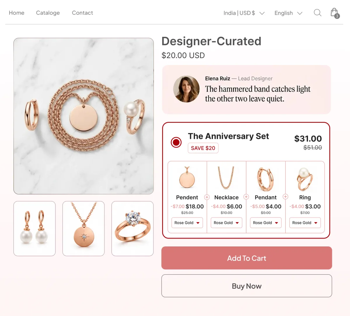 Designer-curated page with a lead designer's note above The Anniversary Set of pendant, necklace, hoop and ring in rose gold, saving $20