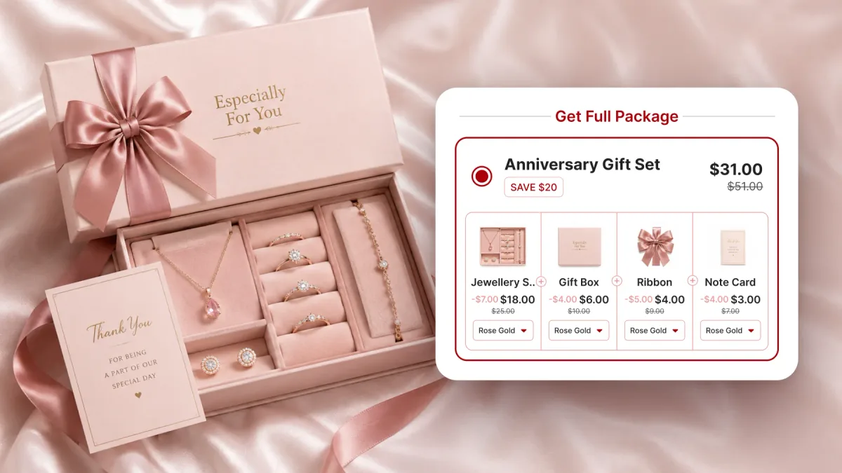 A ribboned gift box of jewellery beside a Get Full Package widget bundling the jewellery set, gift box, ribbon and note card at $31, saving $20