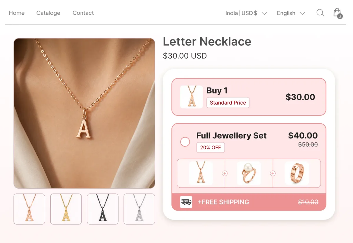 Letter necklace page offering the necklace alone or a Full Jewellery Set of necklace, ring and band at 20% off with free shipping attached