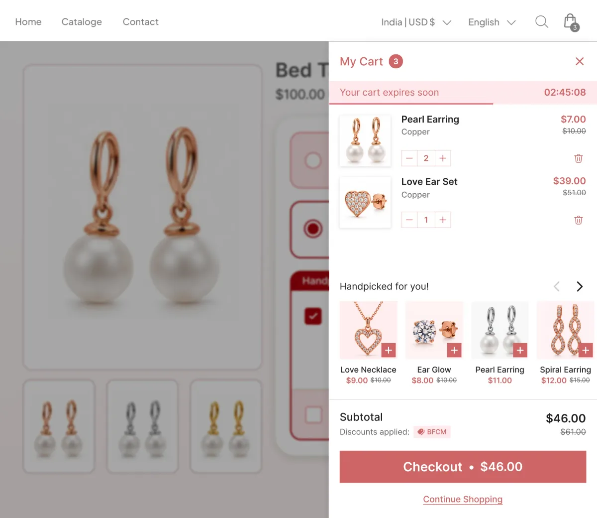 Cart panel holding a pearl earring and an ear set, with a Handpicked for you row offering a necklace, studs and two more earrings to add