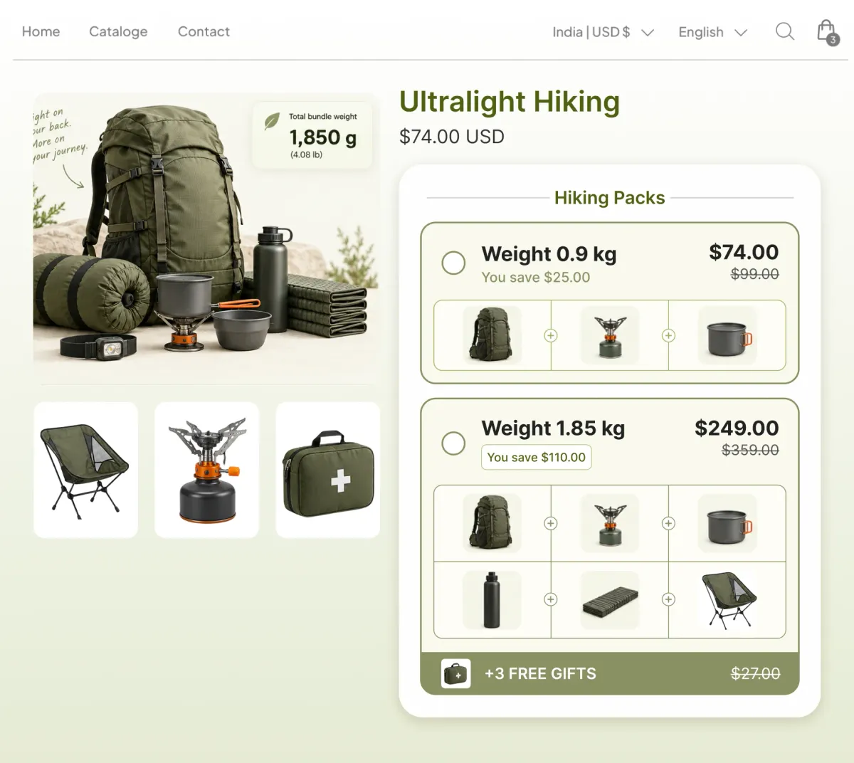 Ultralight hiking page with a total bundle weight badge of 1,850 g, offering a 0.9 kg pack at $74 or a 1.85 kg pack at $249
