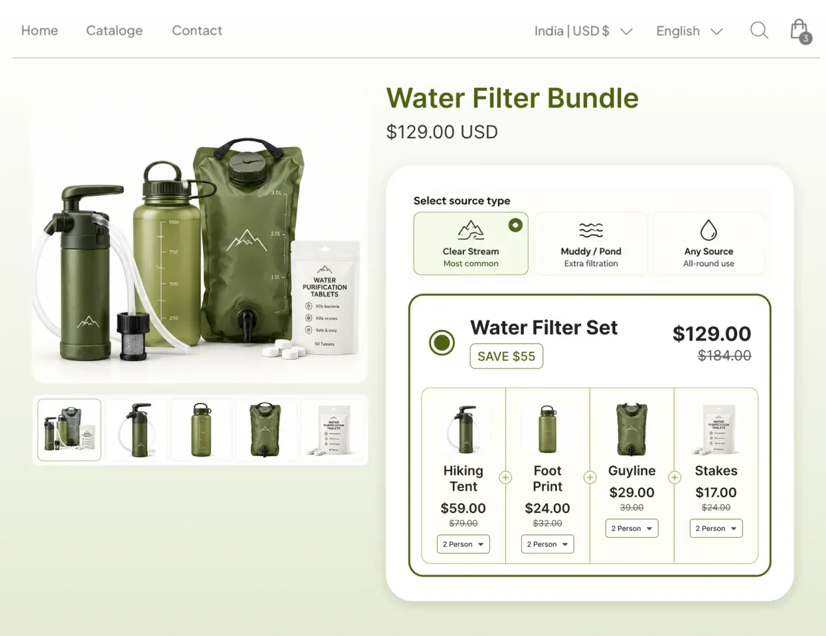 Water filter bundle page with a source-type selector for clear stream, muddy pond or any source, and a four-item set at $129