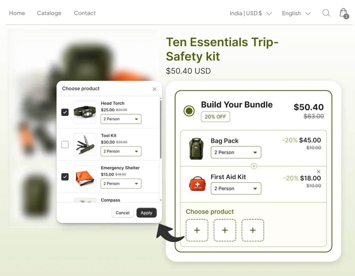 Ten Essentials trip-safety kit with a Build Your Bundle widget and a product picker where the shopper ticks the items to include