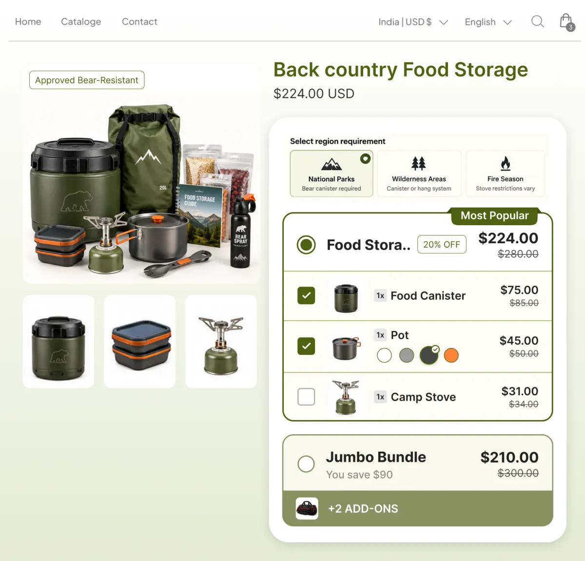 Backcountry food storage page with a region selector for national parks, wilderness areas and fire season, and an approved bear-resistant canister in the bundle