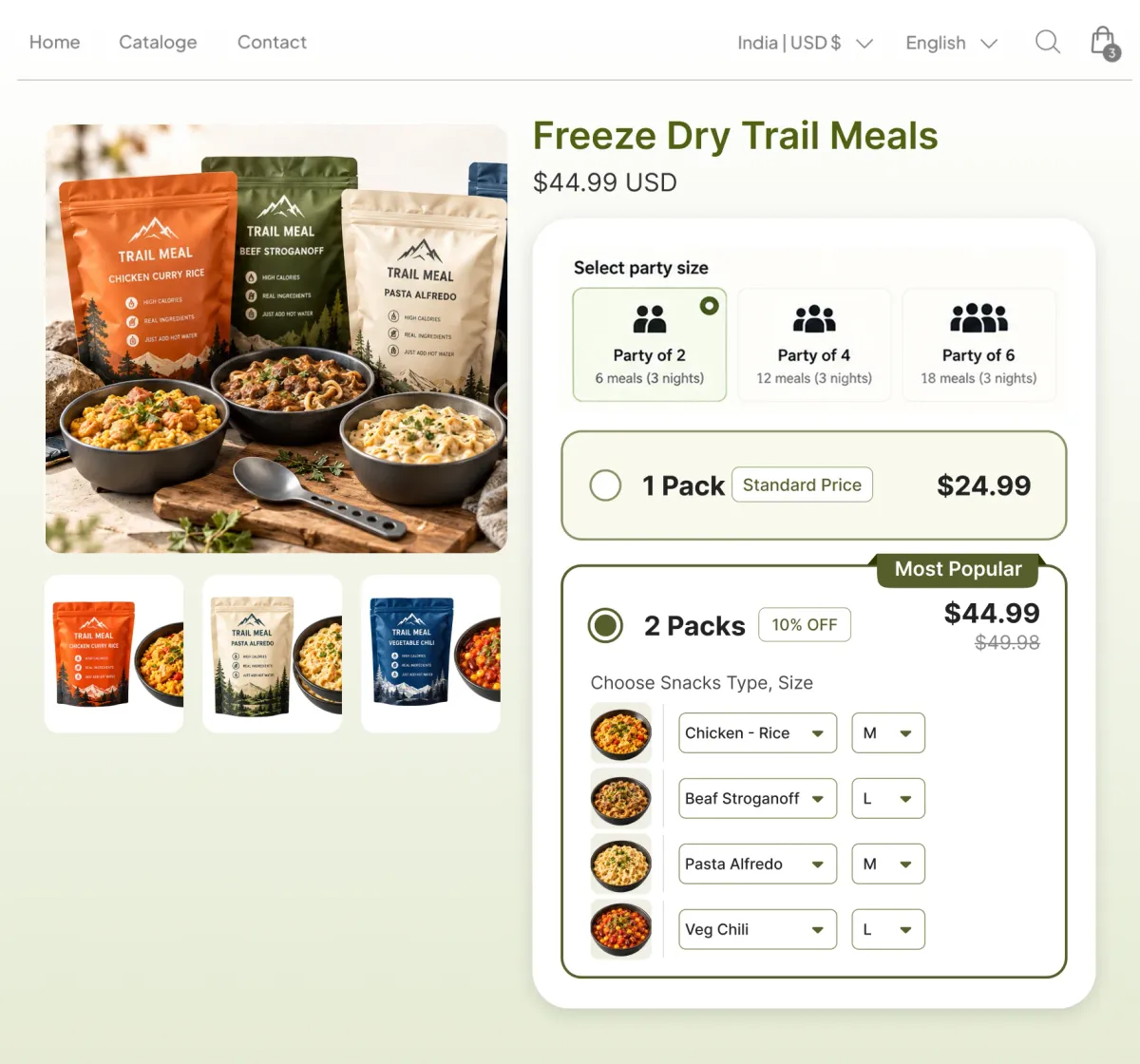Freeze-dried trail meal page with party-size tiers for two, four and six people, each showing the meals and nights it covers