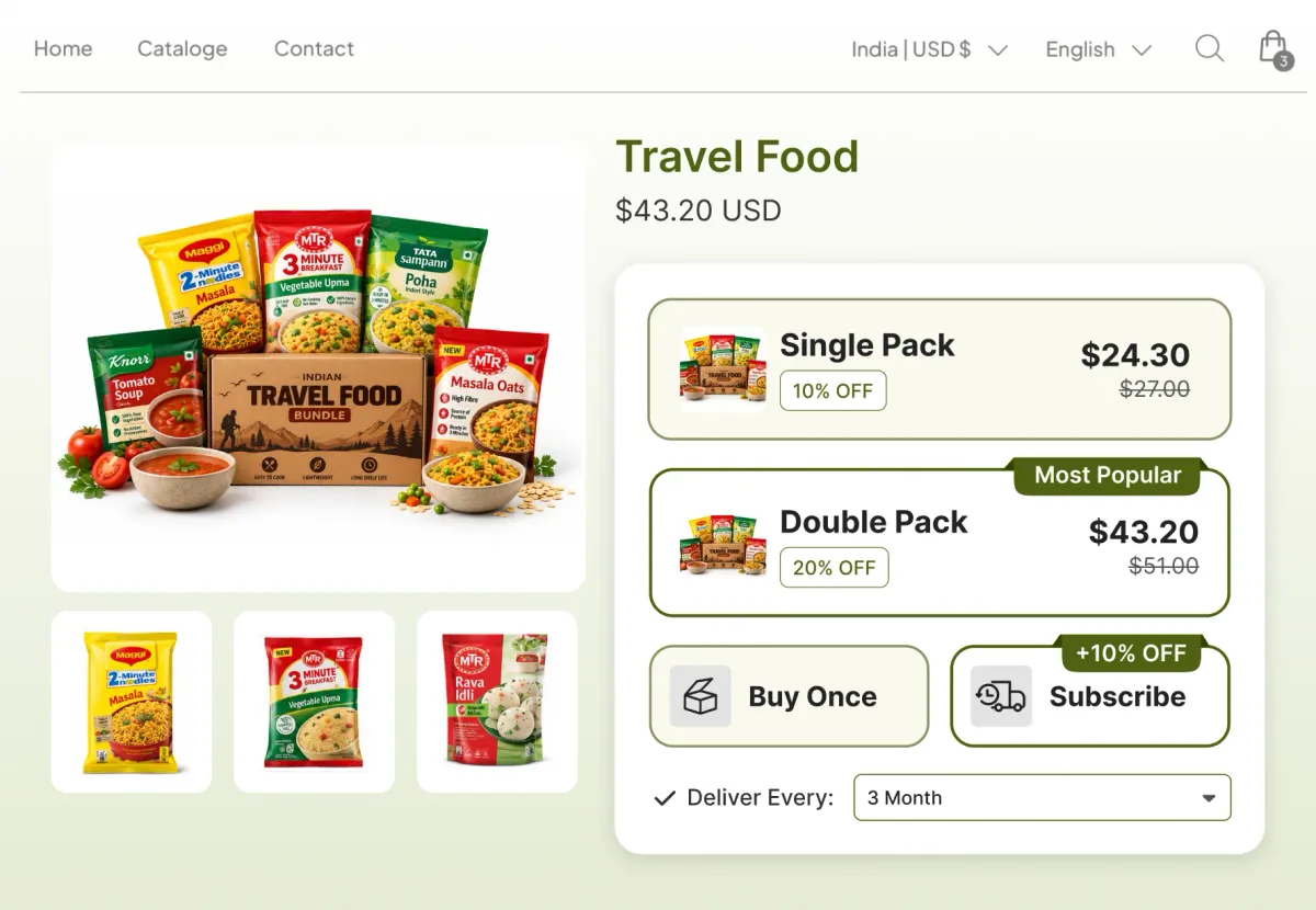 Travel food page with a single pack and a double pack option, and a Subscribe choice at 10% off delivering every three months