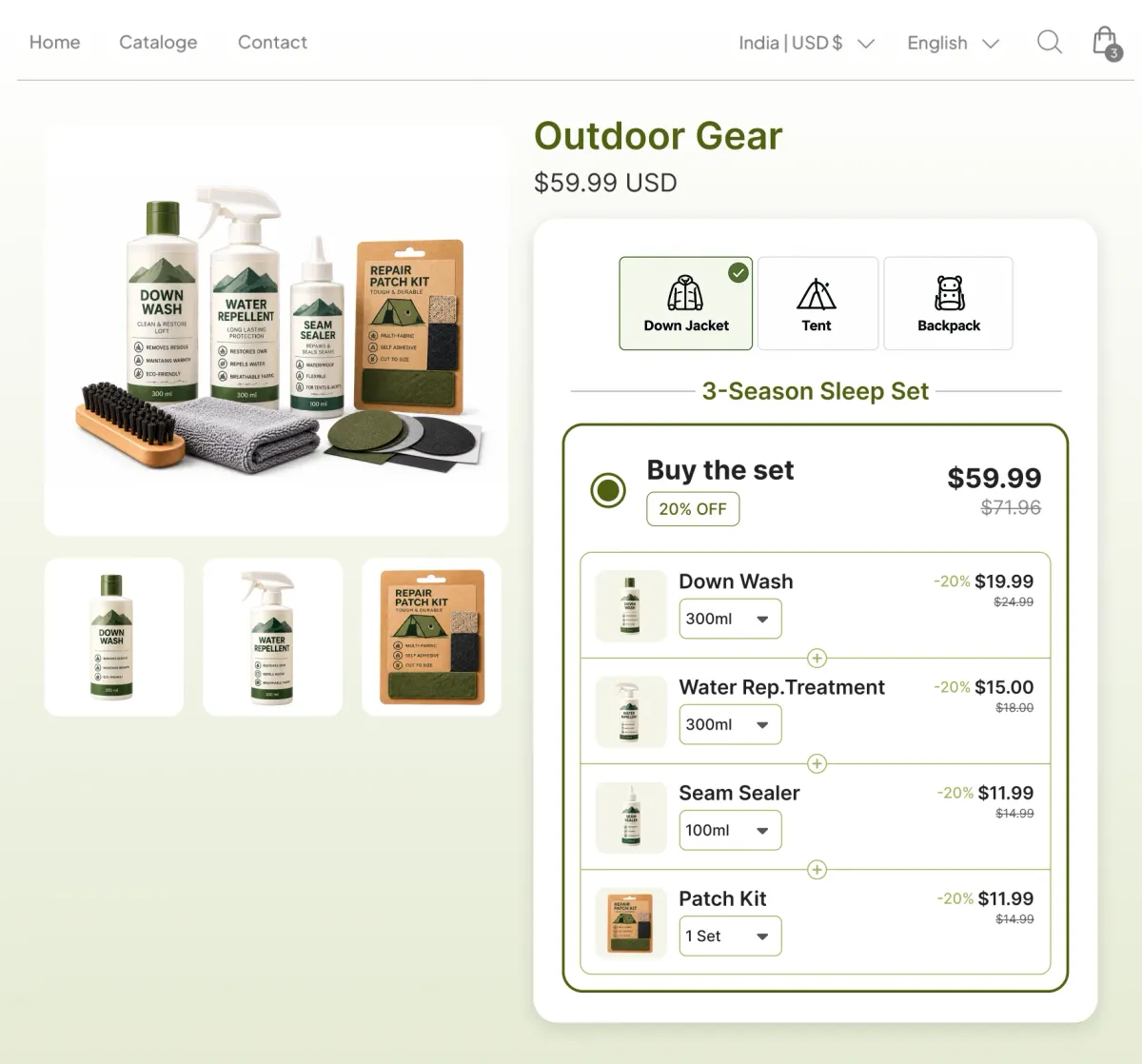 Gear care page with a fabric selector for down jacket, tent or backpack, and a set of down wash, water repellent treatment, seam sealer and patch kit