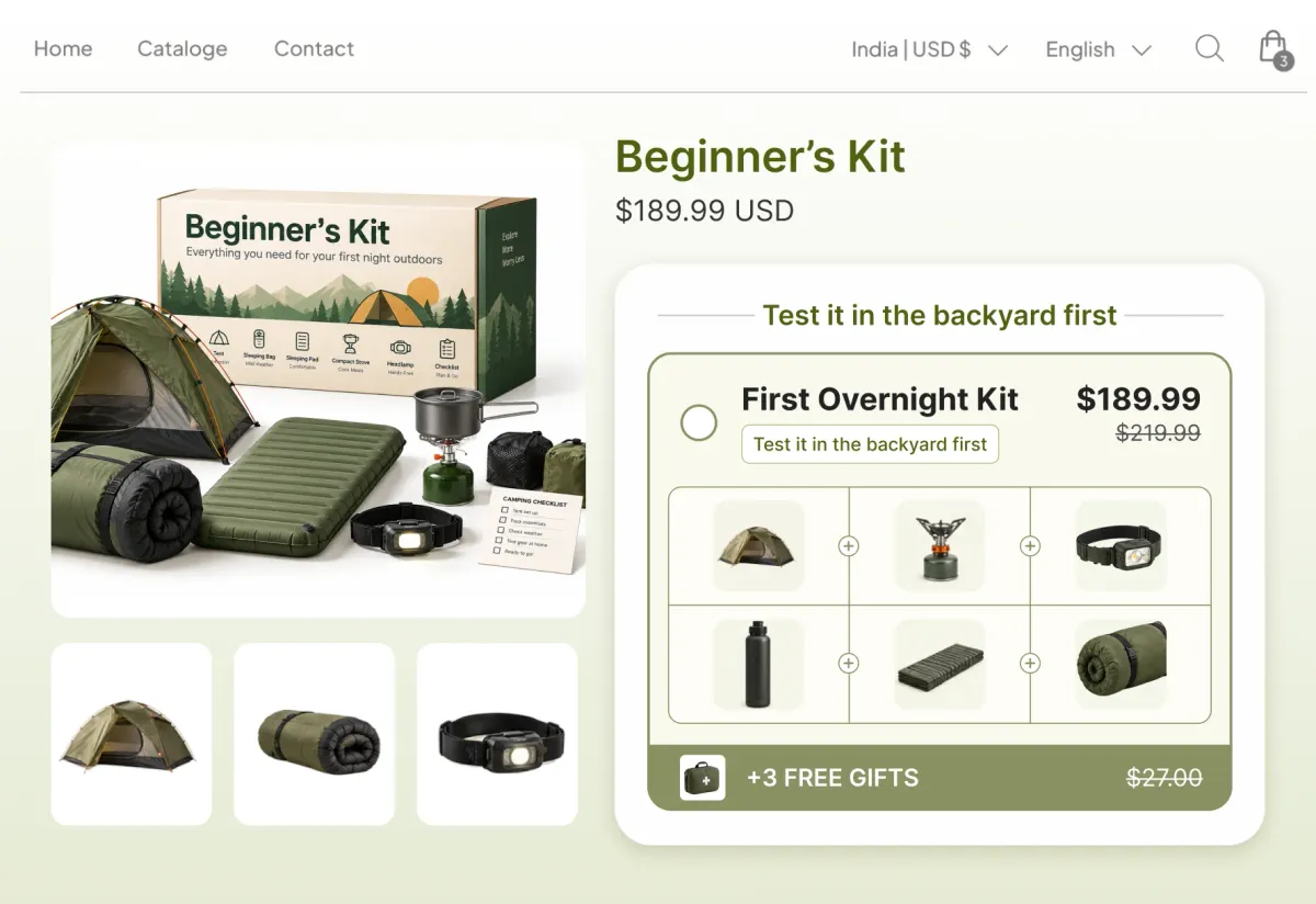 Beginner's kit page offering a first overnight kit of tent, stove, headlamp, bottle, power bank and sleeping bag at $189.99, labelled test it in the backyard first