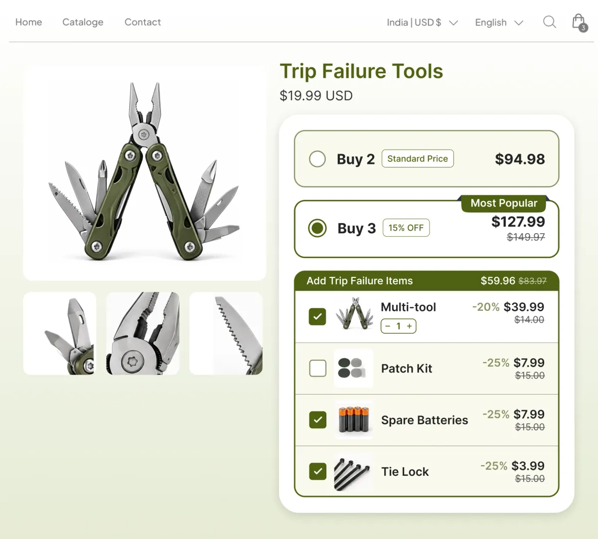 Trip failure tools page with an add-on row offering a multi-tool, patch kit, spare batteries and tie lock alongside the main order