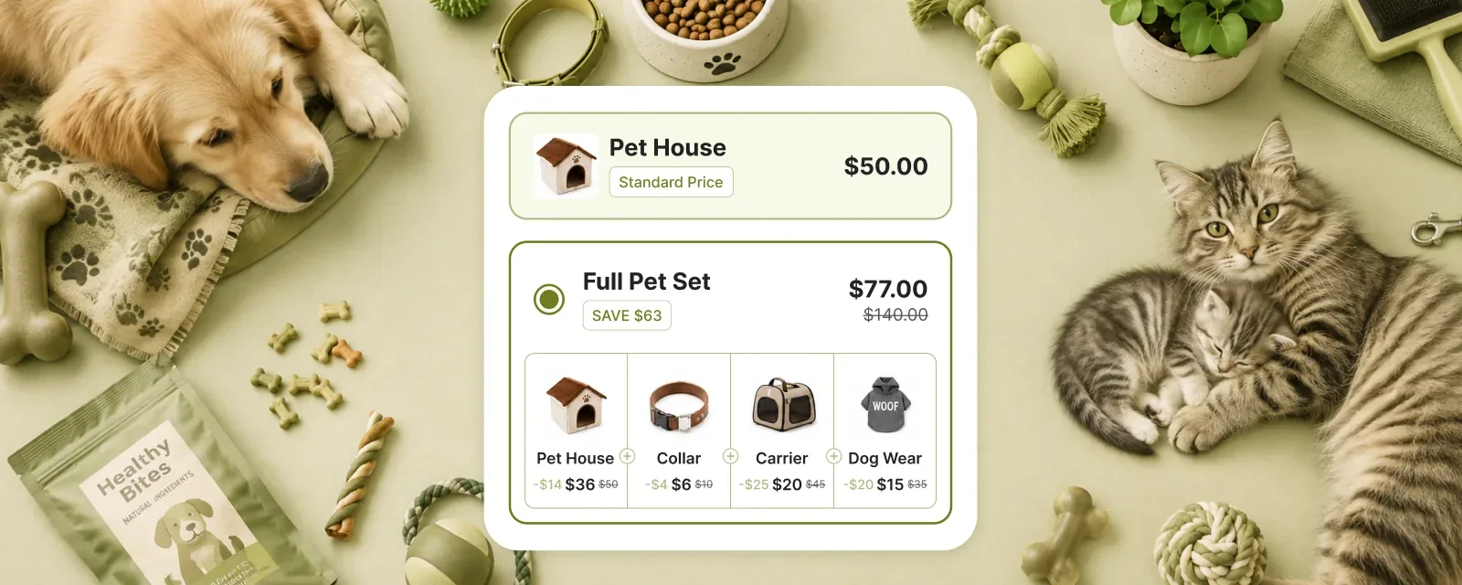 A dog and a cat lying among treats, toys, a collar, a food bowl and a grooming brush, around a bundle widget offering a pet house at $50 or a Full Pet Set of house, collar, carrier and dog wear at $77, saving $63
