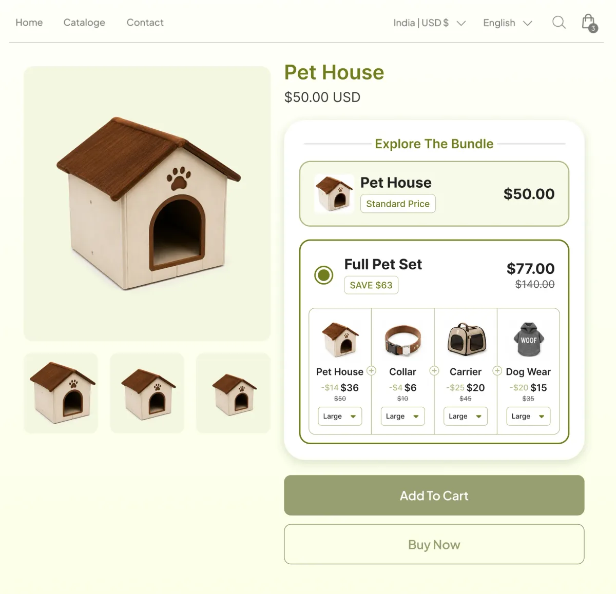 Pet house page with a bundle widget offering the house alone at $50 or a Full Pet Set of house, collar, carrier and dog wear at $77, every item set to the same Large size