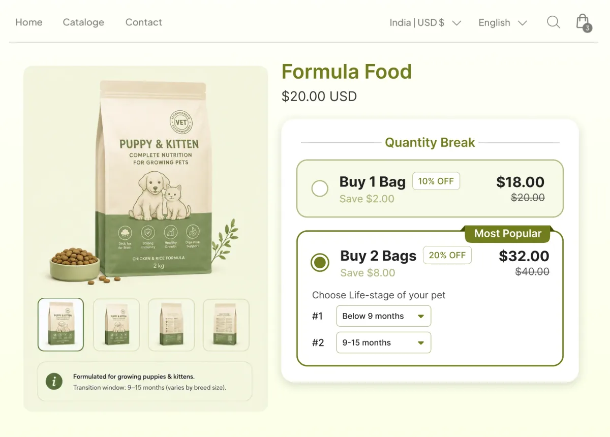 Puppy and kitten formula page with quantity tiers and a life-stage selector, one bag below nine months and a second for the nine to fifteen month transition window