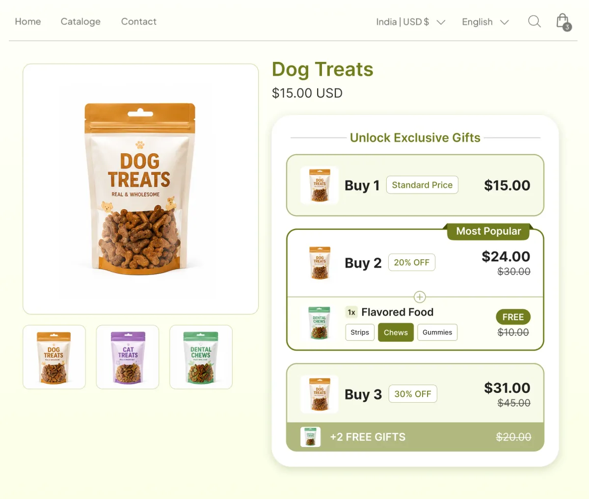 Dog treats page where buying two takes 20% off and adds a flavored food free, and buying three takes 30% off with two free gifts