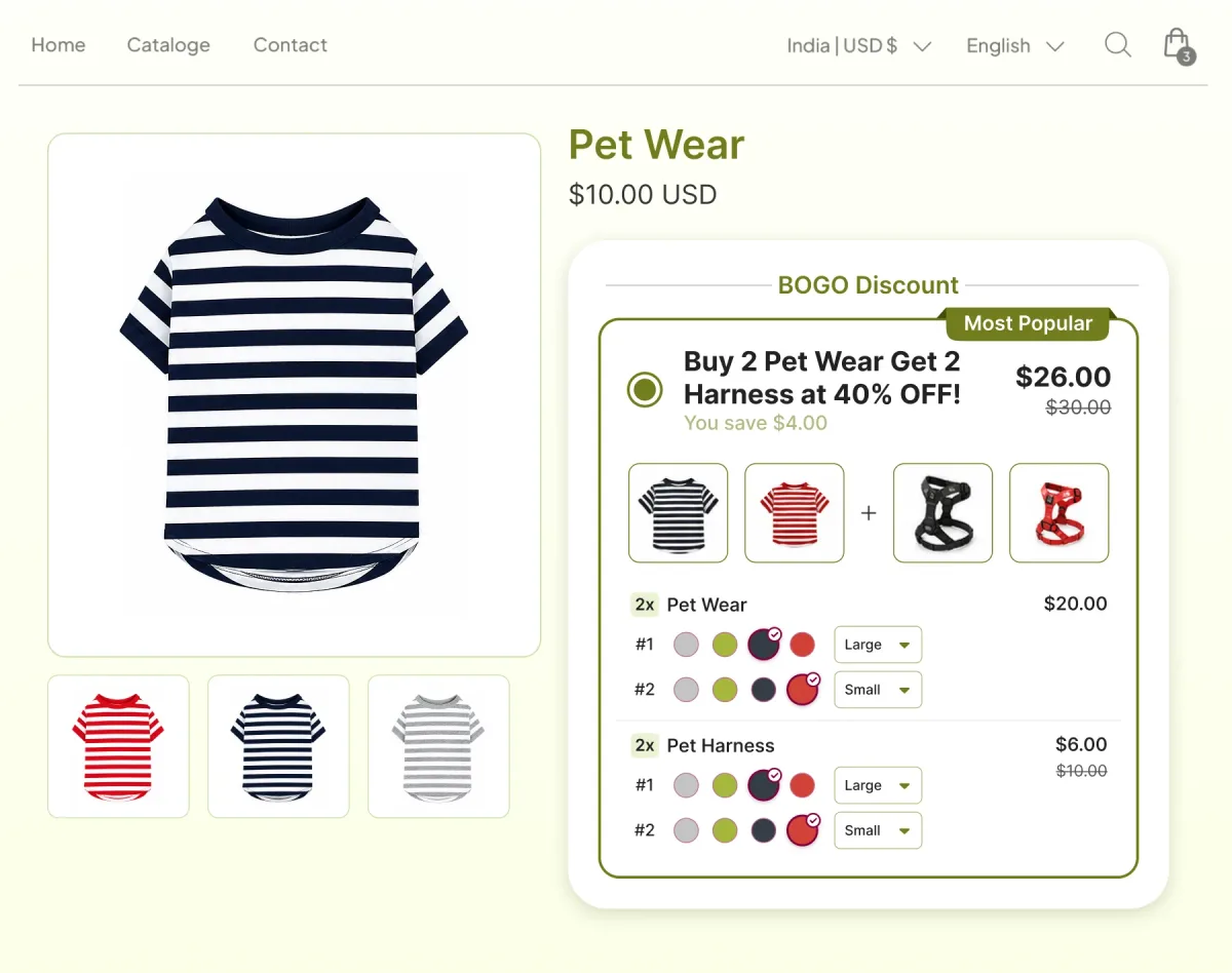 Pet wear page where buying two tops adds two harnesses at 40% off, and each row carries its own size, one Large and one Small, for two different pets