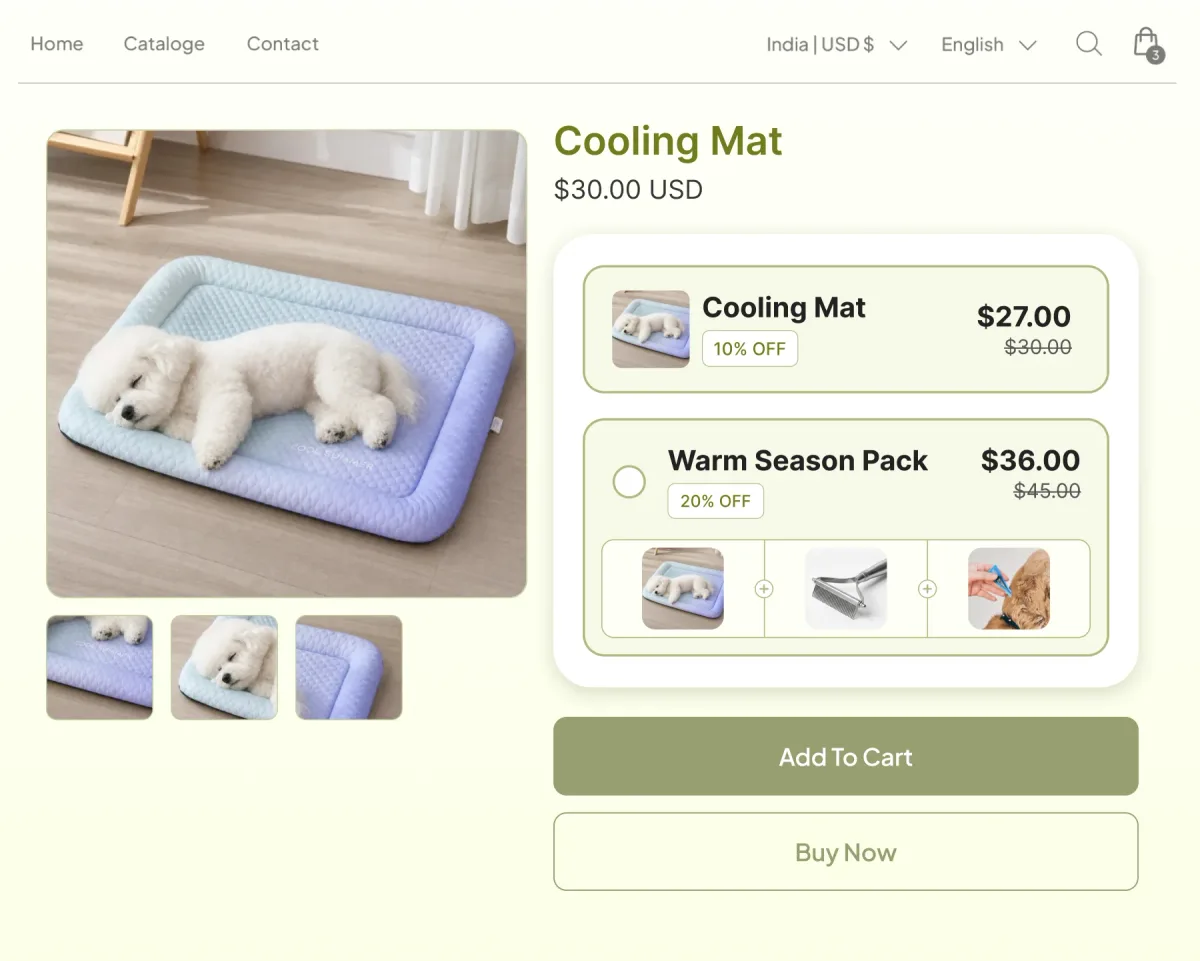 Cooling mat page offering the mat at 10% off or a Warm Season Pack of mat, de-shedding brush and flea and tick treatment at 20% off