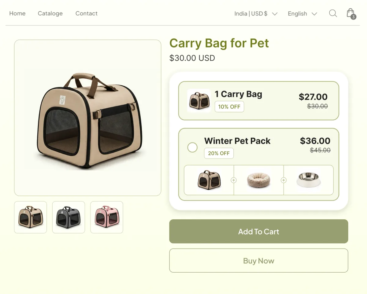 Pet carry bag page offering the bag at 10% off or a Winter Pet Pack of bag, round bed and food bowl at 20% off