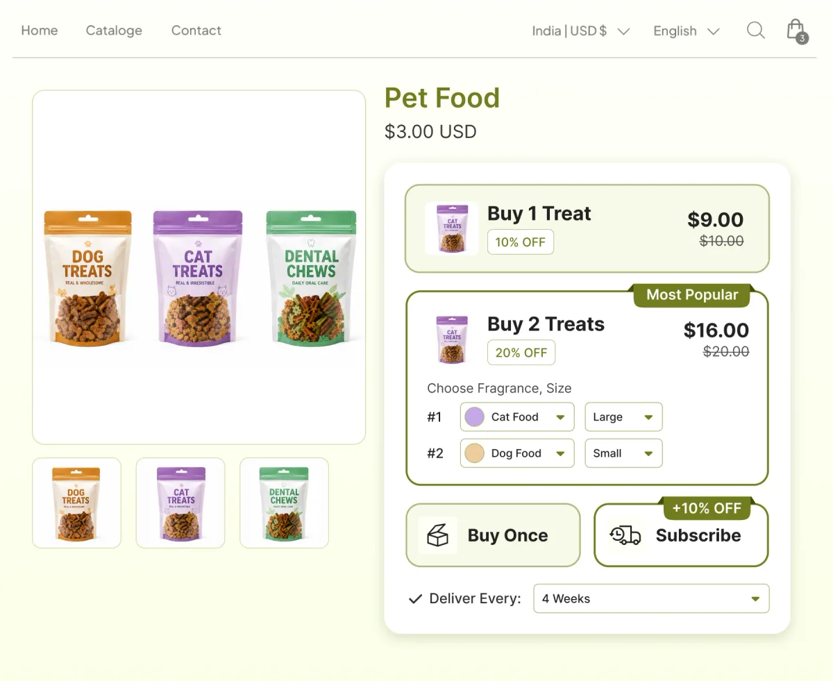Pet food page with one and two treat tiers, a cat food and a dog food chosen at different sizes, and a Buy Once or Subscribe toggle on a four-week cadence