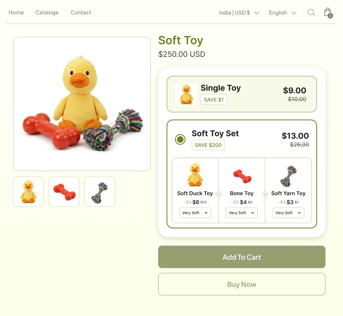 Soft toy page offering a single toy or a three-toy set, each toy carrying its own chew-strength selector set to Very Soft