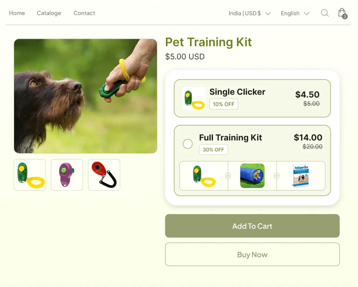 Pet training kit page offering a single clicker at 10% off or a Full Training Kit of clicker, agility tunnel and training guide at 30% off