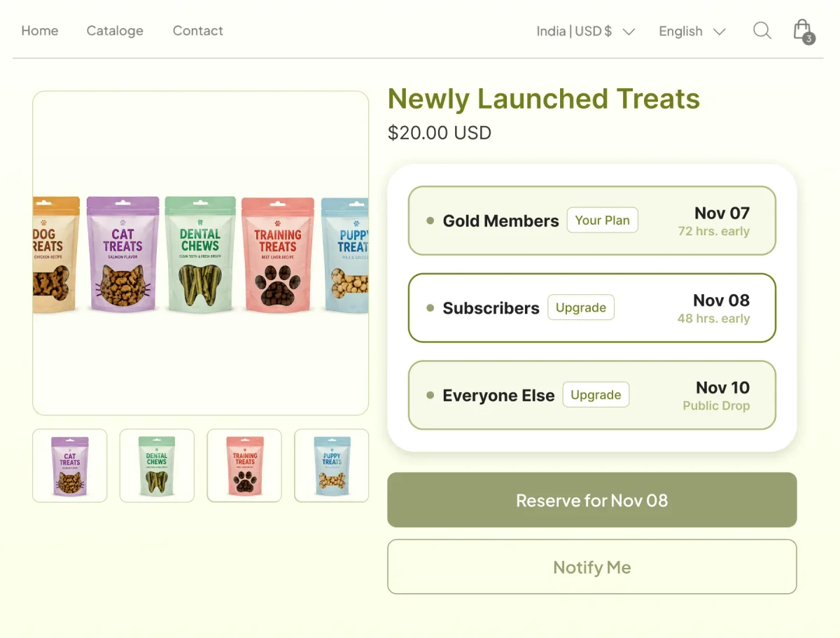 Newly launched treats page opening the drop to Gold members on November 7, subscribers on November 8 and everyone else on November 10, with no discount attached