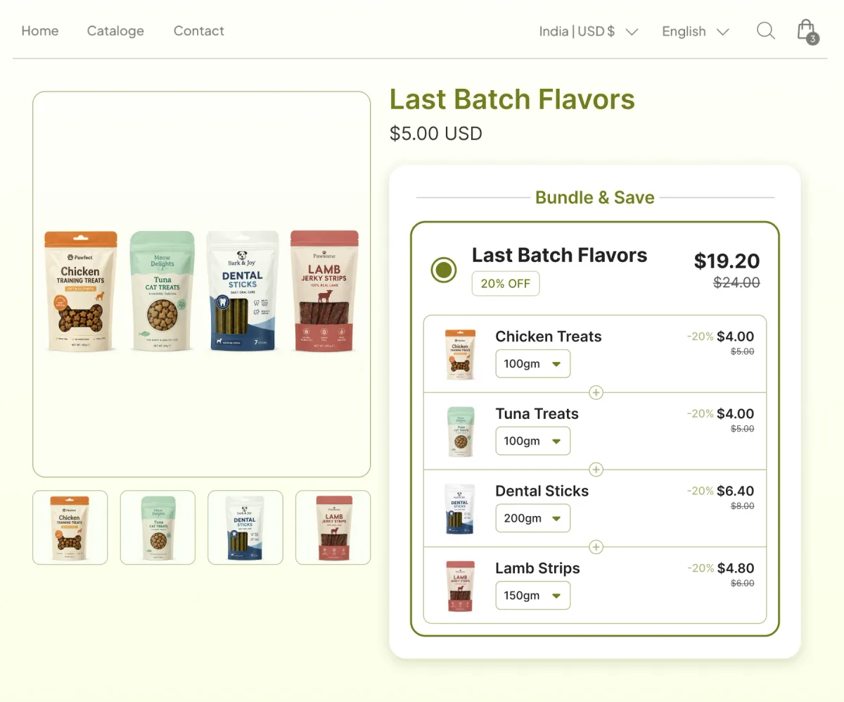 Last Batch Flavors page bundling chicken treats, tuna treats, dental sticks and lamb strips at 20% off each