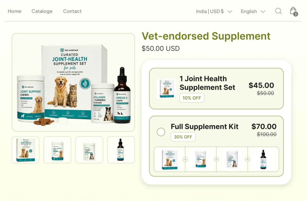 Vet-endorsed supplement page offering one joint-health set at 10% off or a Full Supplement Kit of chews, collagen powder and omega-3 liquid at 30% off