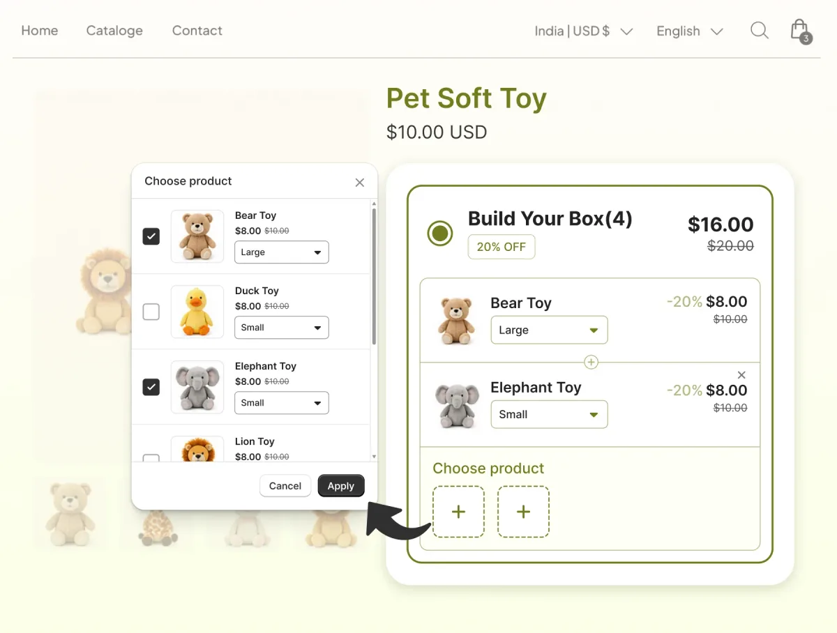 Soft toy page with a Choose product picker building a four-item box at 20% off, a large bear and a small elephant chosen with two slots left open