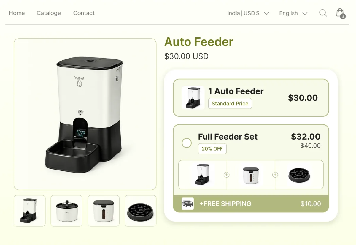 Auto feeder page offering the feeder alone or a Full Feeder Set of feeder, water fountain and slow feeder bowl at 20% off with free shipping attached