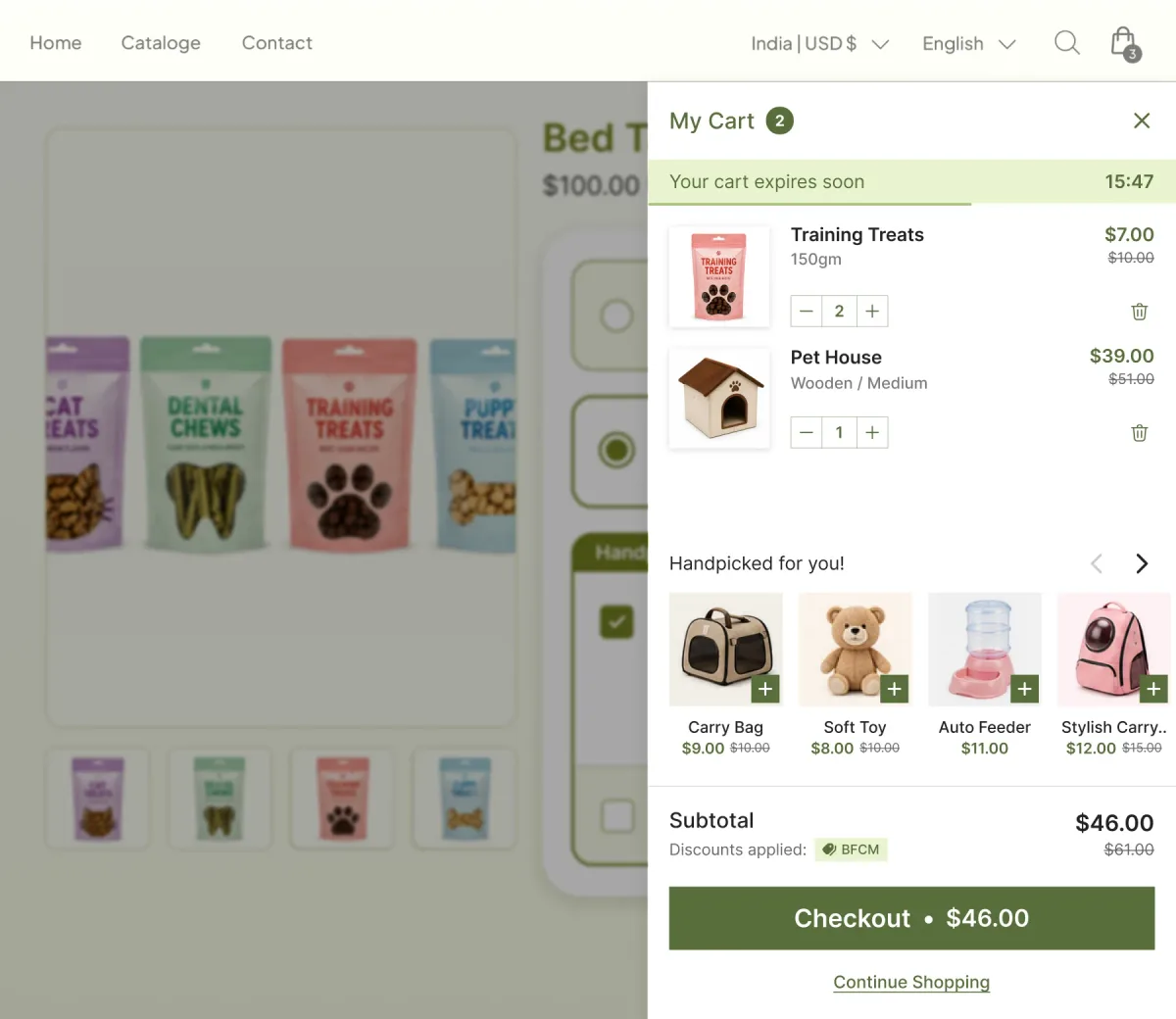 Cart panel holding training treats and a pet house, with a Handpicked for you row offering a carry bag, soft toy, auto feeder and backpack carrier to add