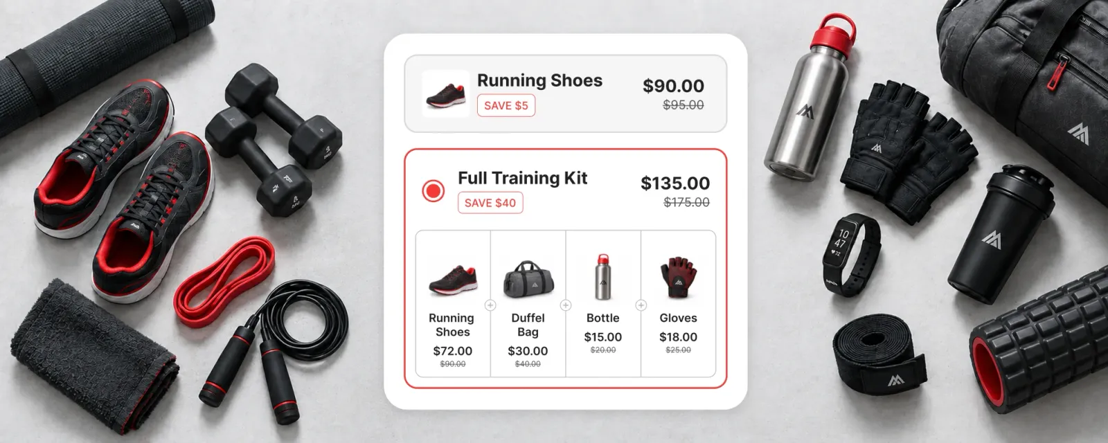 Flat lay of running shoes, dumbbells, a jump rope, a bottle and a duffel bag, with a widget offering running shoes at $90 or a Full Training Kit of shoes, bag, bottle and gloves at $135, saving $40