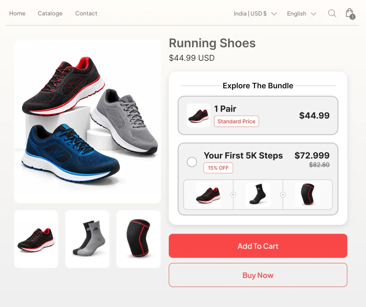 Running shoes page offering one pair at $44.99 or a Your First 5K Steps bundle of shoes, socks and a knee sleeve at 15% off