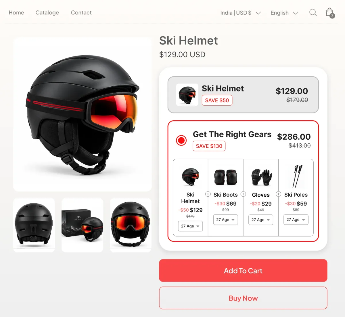 Ski helmet page offering the helmet at $129 or a Get The Right Gears set of helmet, boots, gloves and poles at $286, each piece carrying its own size selector