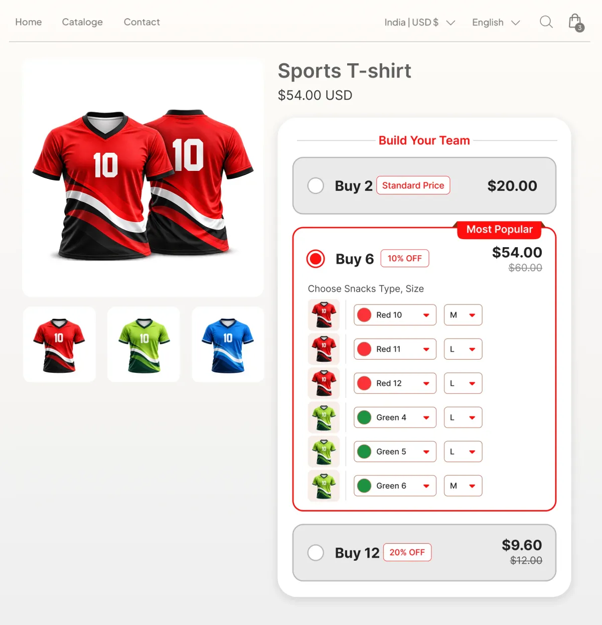Sports shirt page with a Build Your Team panel where a six-shirt order sets a colour, number and size per row while the design stays the same