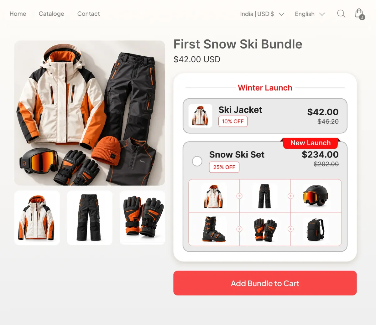 First Snow Ski Bundle page offering a jacket at $42 or a six-piece Snow Ski Set of jacket, pants, helmet, boots, gloves and pack at 25% off