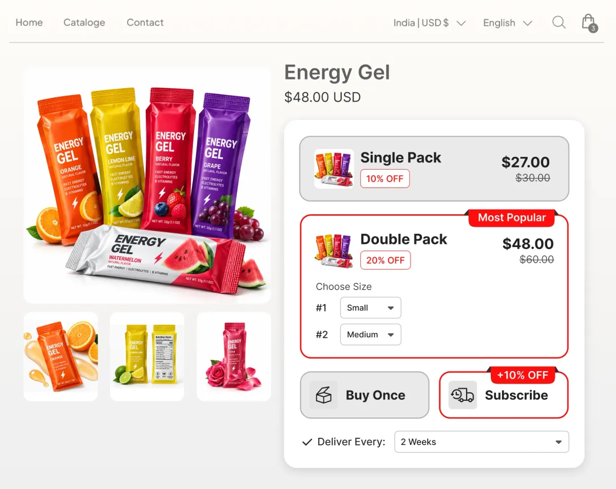 Energy gel page with single and double pack tiers, a Buy Once or Subscribe toggle at 10% off, and delivery set to every two weeks