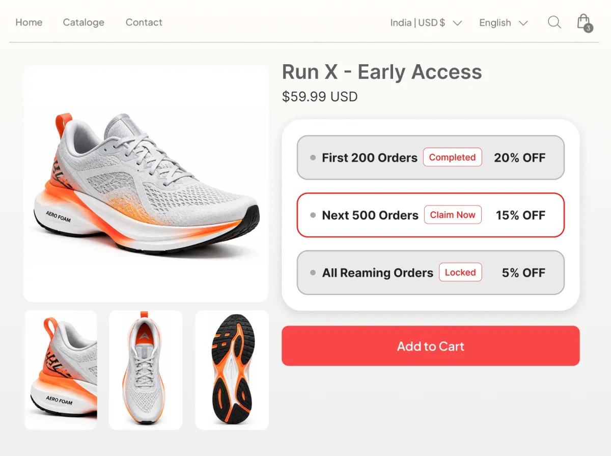 Early access page for a new running shoe, opening at 20% off for the first orders, 15% for the next tier and 5% once the drop is public